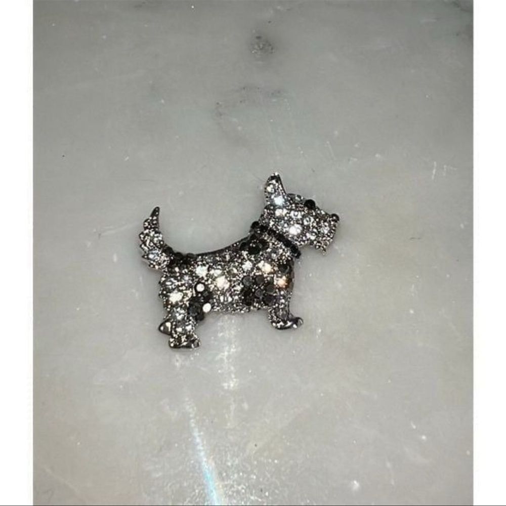Brooch Scotty dog terrier pin rhinestones metal silver gray white black